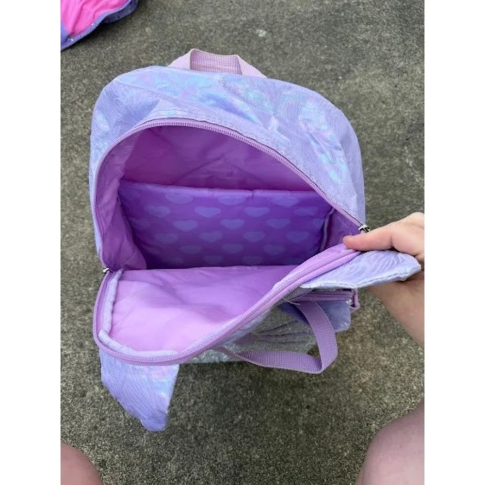 Kids Lavender Iridescent Cat Backpack Silver Sequin Heart Kitten School Bag‎